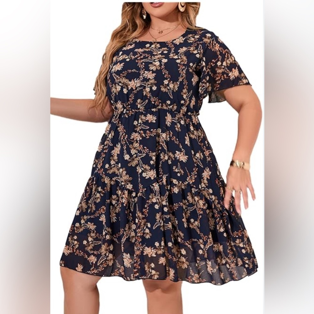 NEW Navy Blue Floral Ruffle Sleeve Elastic Waist Swing Chiffon Mini Dress 4X